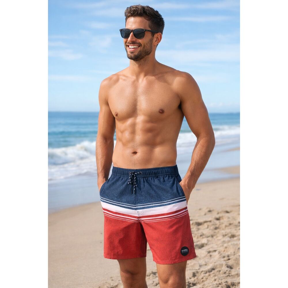 O’Neill Combo Volley Swim Trunks L NWT Red Blue Stripe Stretch Board Shorts